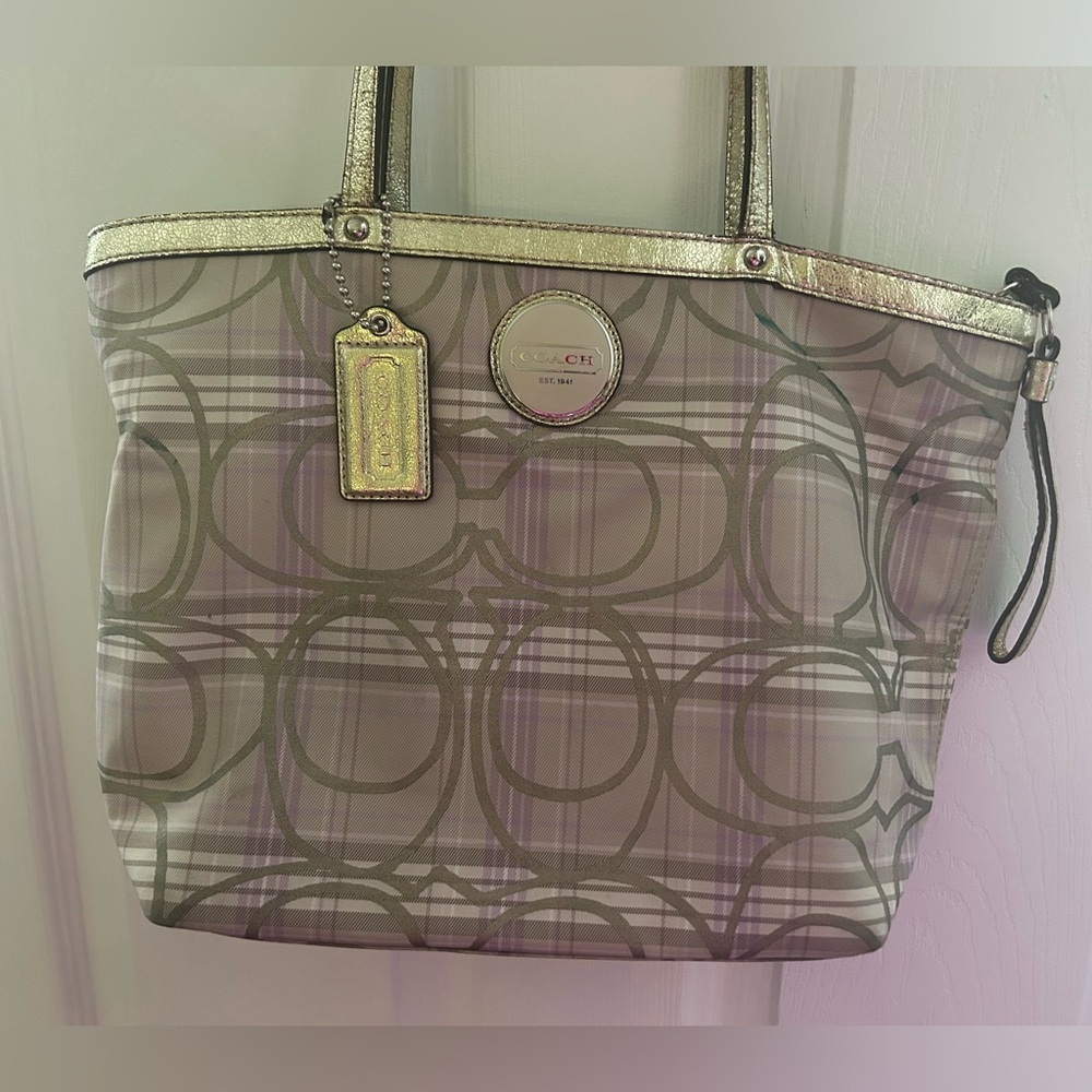 Coach Plaid Poppy Tartan Tote Bag - Gold, Gray, & Lavendar